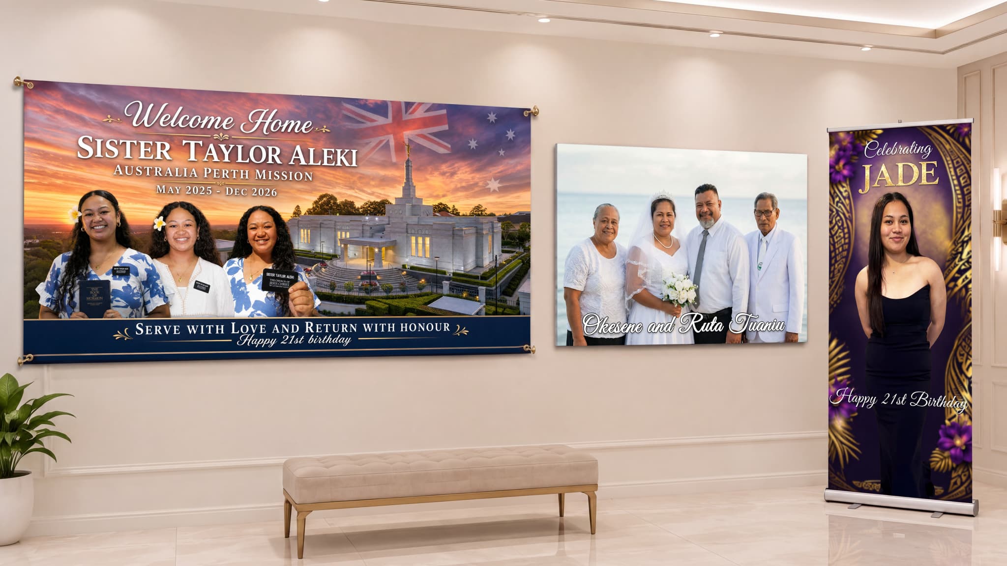 Wall hanging banner, custom canvas and roll-up banner displayed together