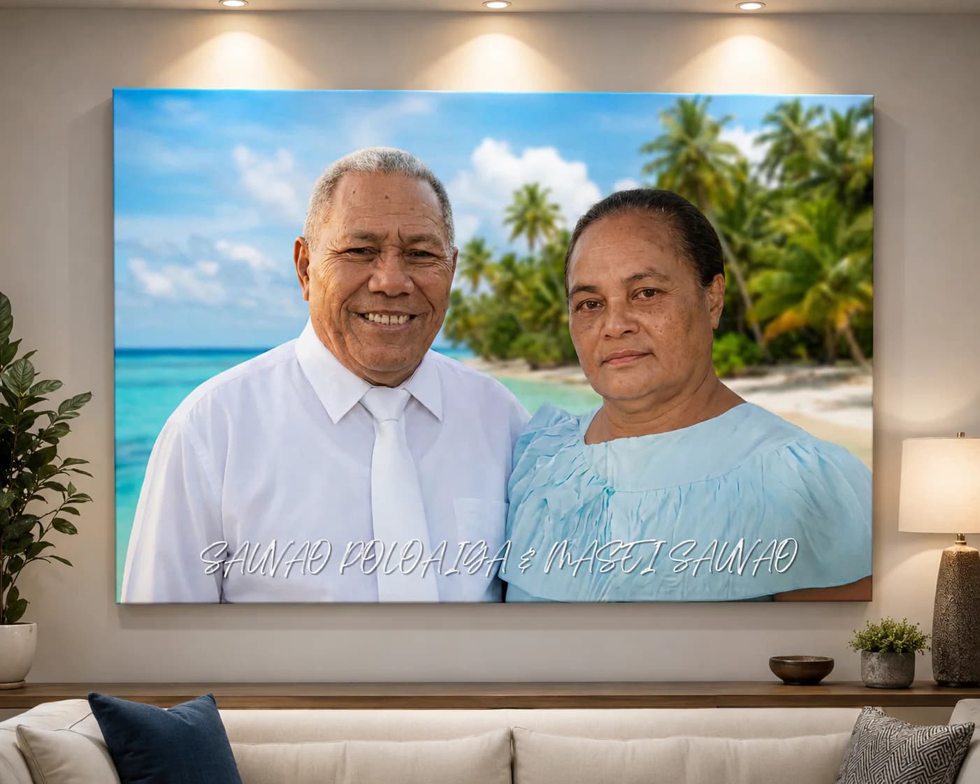 Custom family canvas displayed in a gallery interior
